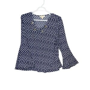 Michael Kors Tunic Top Plus 3X Flare Bell Long Sleeves Blue White Metallic Gold
